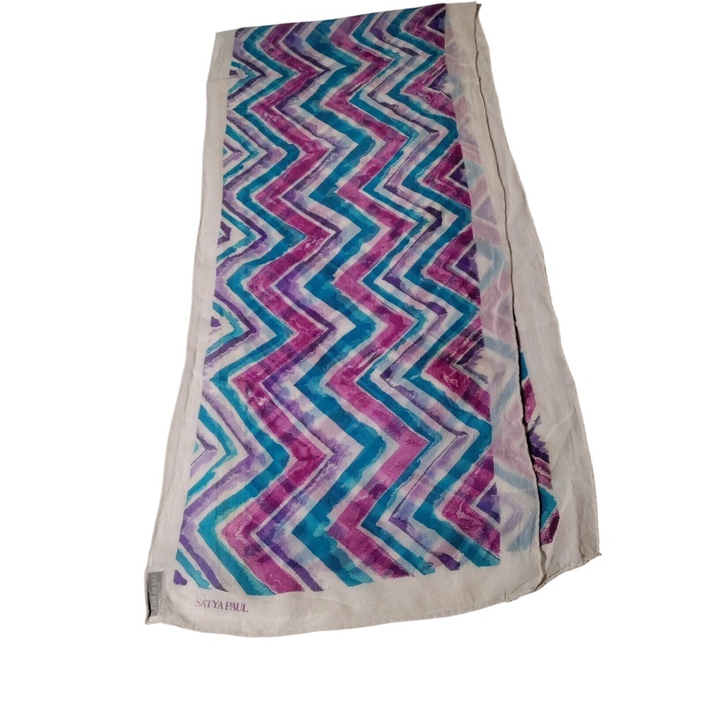 Satya Paul Zig Zag Purple Blue Cream Stole Scarf Approx. 13.75" x 62" - stains